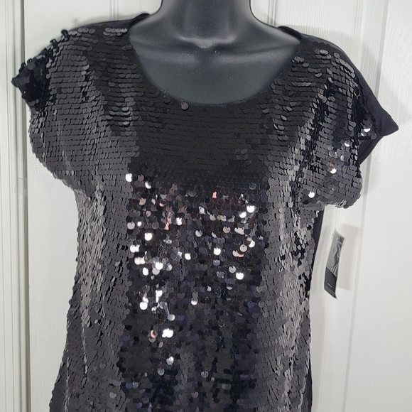 ALFANI Black Sequin Front Dress Jersey Back Stretch Petite Small - Picture 4 of 7